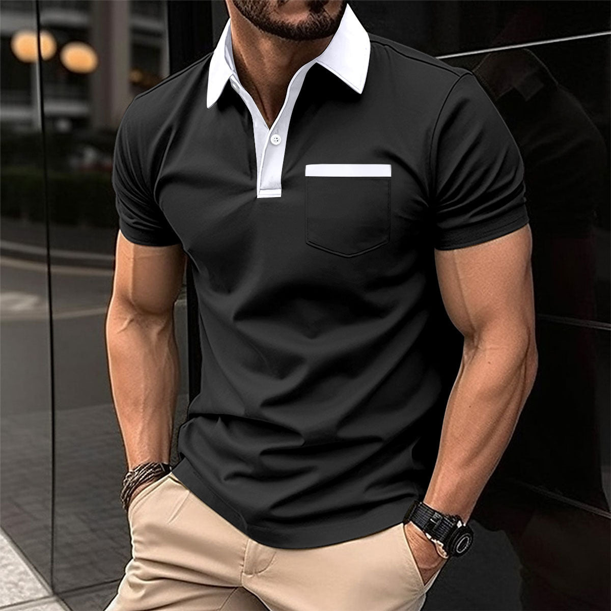 Yellow slim fit cotton blend polo shirt with lapel collar and chest pocket by My Store