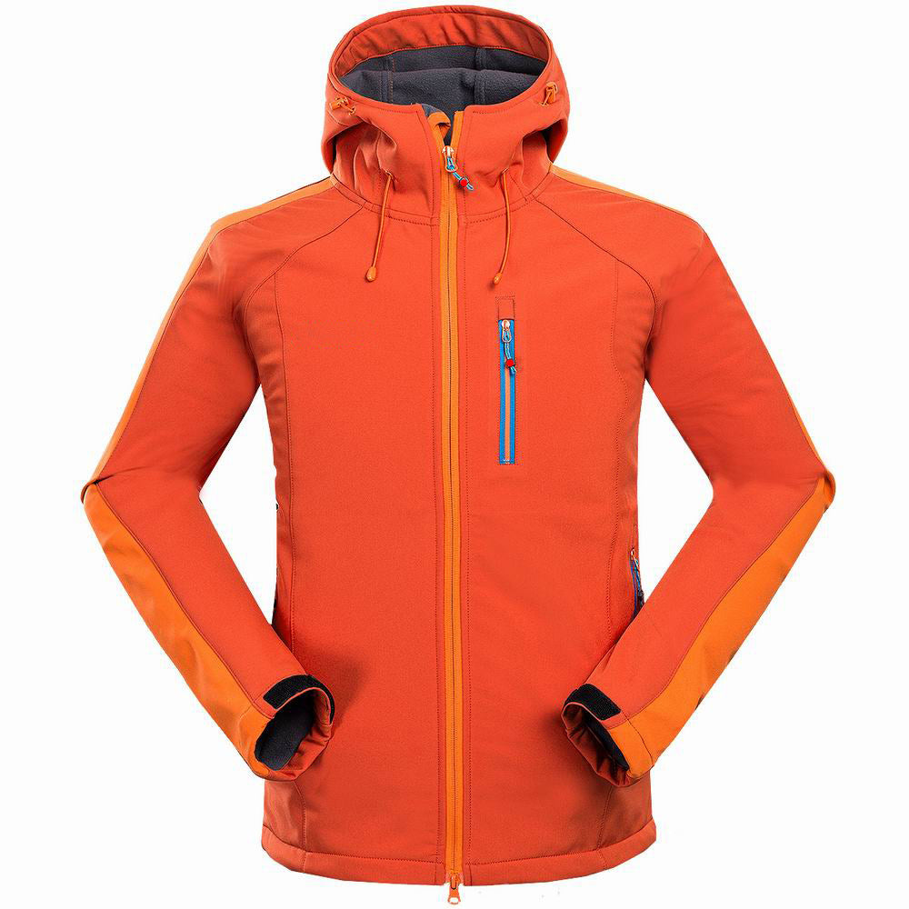 Men's black waterproof softshell jacket with adjustable hood and cuffs, ideal for outdoor adventures