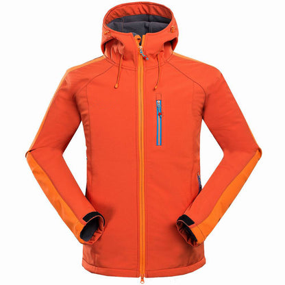 Men's black waterproof softshell jacket with adjustable hood and cuffs, ideal for outdoor adventures