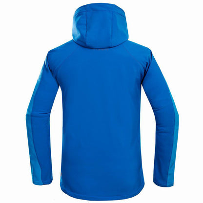Men's black waterproof softshell jacket with adjustable hood and cuffs, designed for outdoor performance by My Store