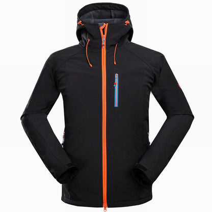Men's black waterproof softshell jacket with adjustable hood and cuffs, ideal for outdoor adventures