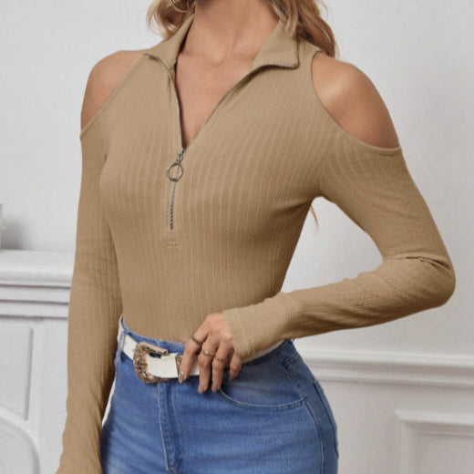 Brow polyester cold shoulder zip collar top in slim fit by Alabaster, perfect for autumn casual chic style.