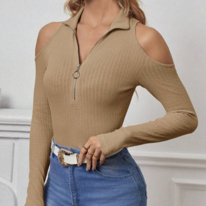 Brow polyester cold shoulder zip collar top in slim fit by Alabaster, perfect for autumn casual chic style.