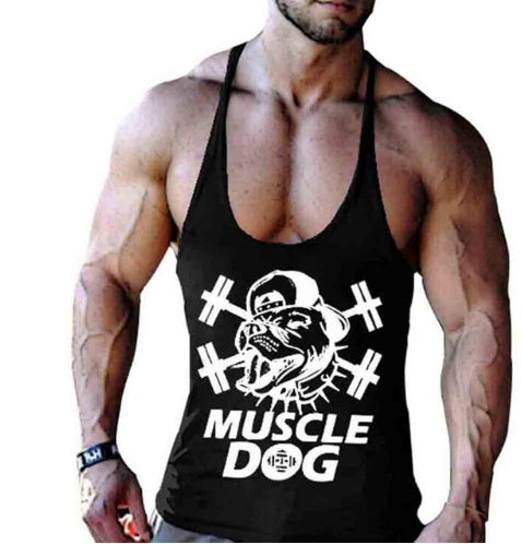 Red MUSCLE DOG™ cartoon graphic workout vest for bodybuilding, available in sizes M, L, and XL