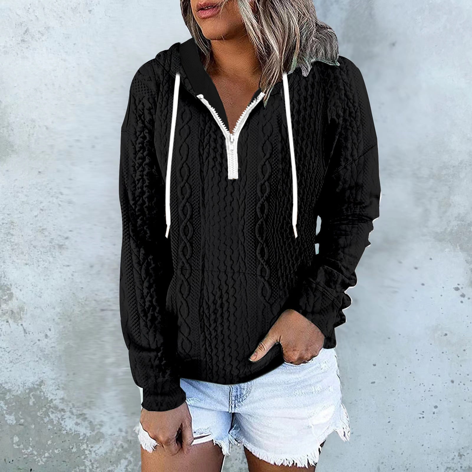 White women's twist texture zip-up hoodie with drawstring hood by Alabaster, featuring a cozy cable knit design.