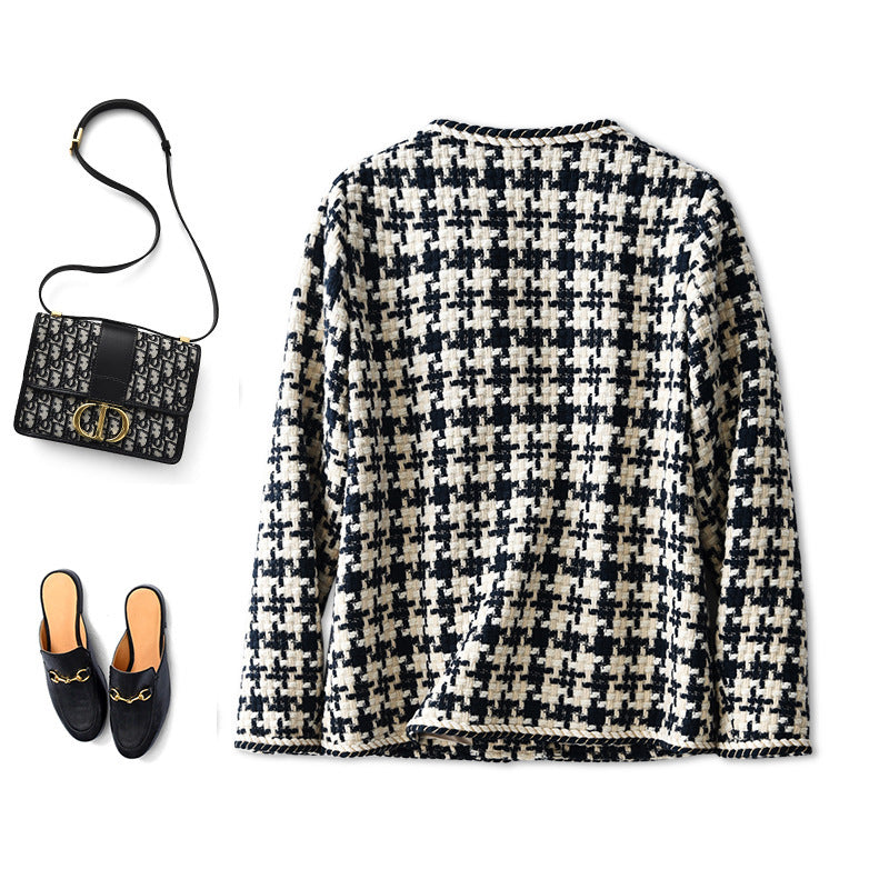 Navy houndstooth tweed blazer jacket with round neck and open front by Alabaster