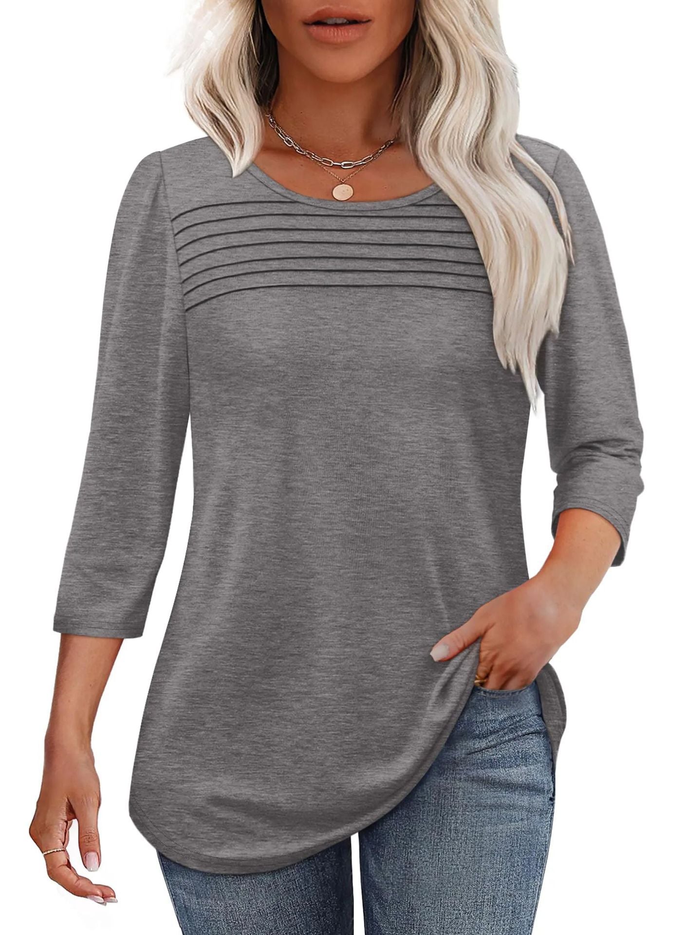 Sky blue soft pleated 3/4 sleeve top, round neck, polyester blend, by Alabaster