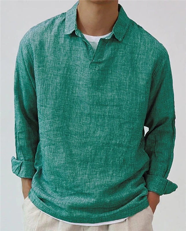Rose red long sleeve pullover shirt with lapel, made from breathable cotton blend by My Store
