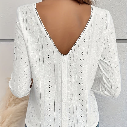 White women's t-shirt with eyelet embroidery and button-back detail by Alabaster