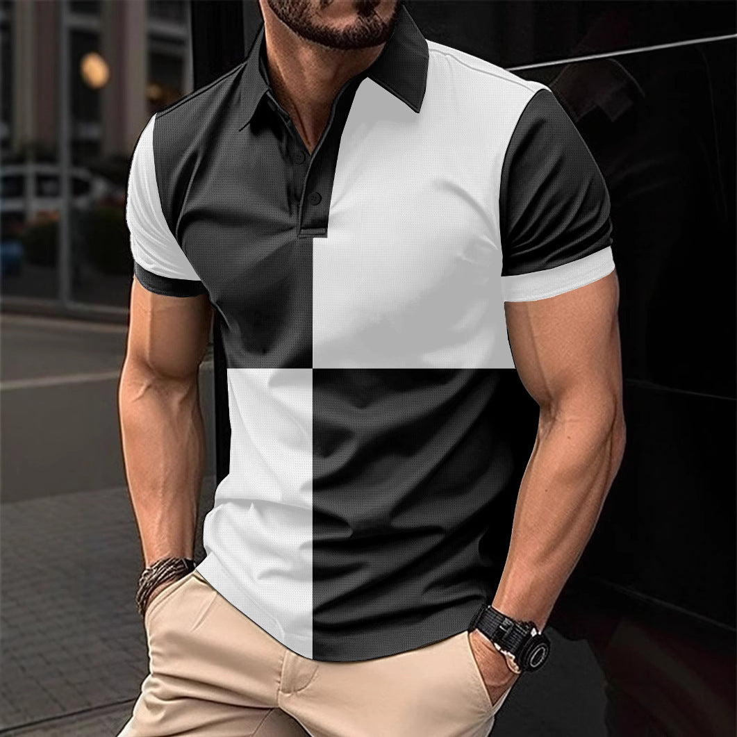 Bold black and white color-block cotton polo shirt with contrast stitching and 3-button placket by My Store