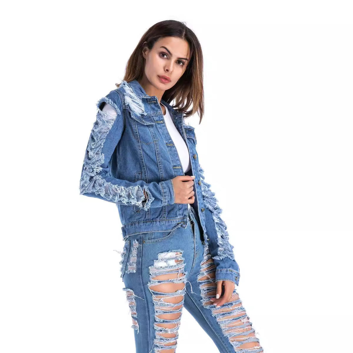 Distressed Blue Denim Fringe Jacket - Cropped Shredded Cotton