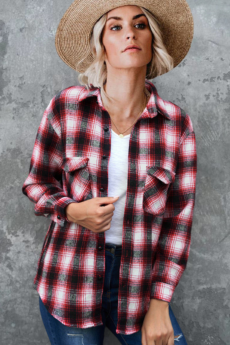 Oversized Plaid Shirt Jacket - Mid-Length Button Up Polyester Blend
