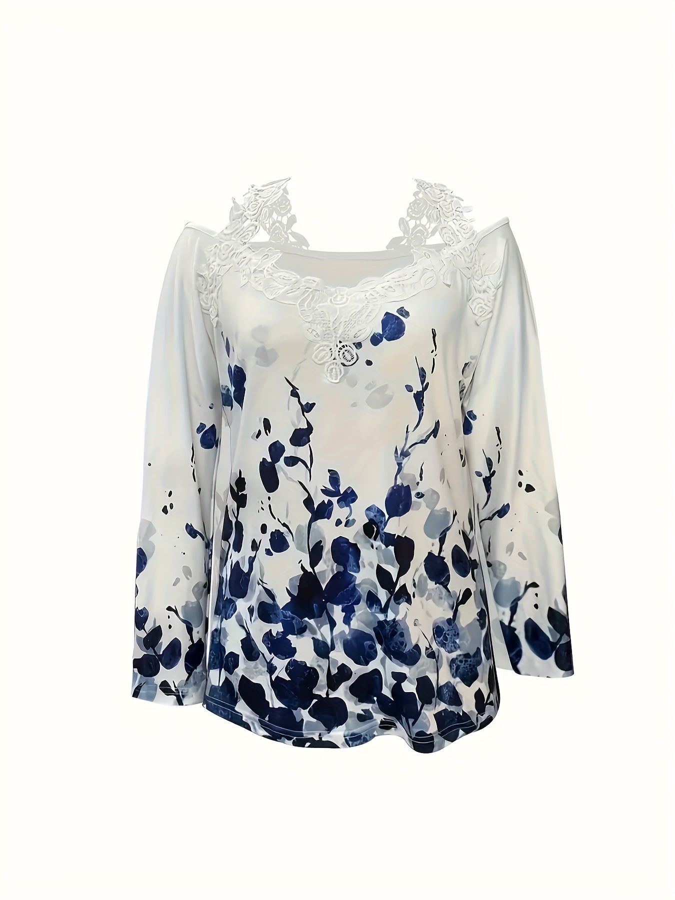 Navy white watercolor floral off-shoulder lace top with long sleeves by Alabaster