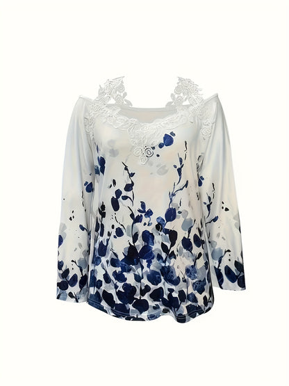 Navy white watercolor floral off-shoulder lace top with long sleeves by Alabaster