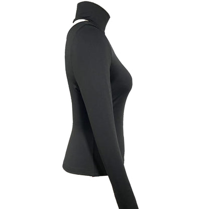 Black slim fit long sleeve turtleneck top with cutout design by Alabaster