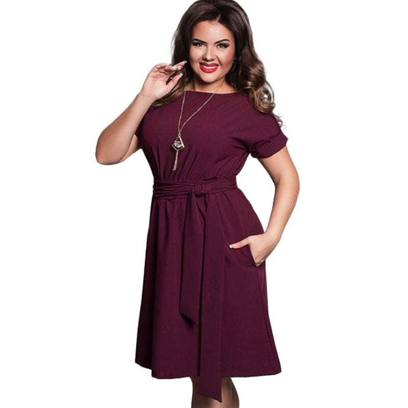 Dark blue soft drape A-line midi dress with belt, plus size, by Alabaster