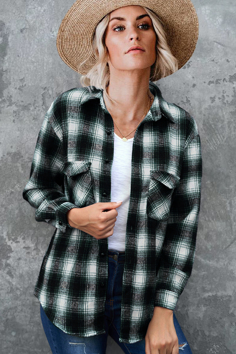 Oversized Plaid Shirt Jacket - Mid-Length Button Up Polyester Blend