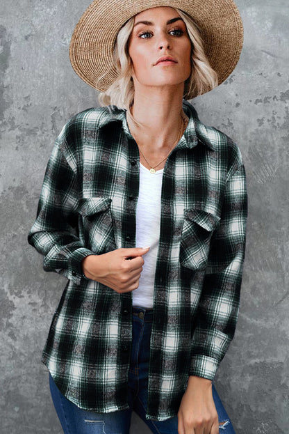 Oversized Plaid Shirt Jacket - Mid-Length Button Up Polyester Blend