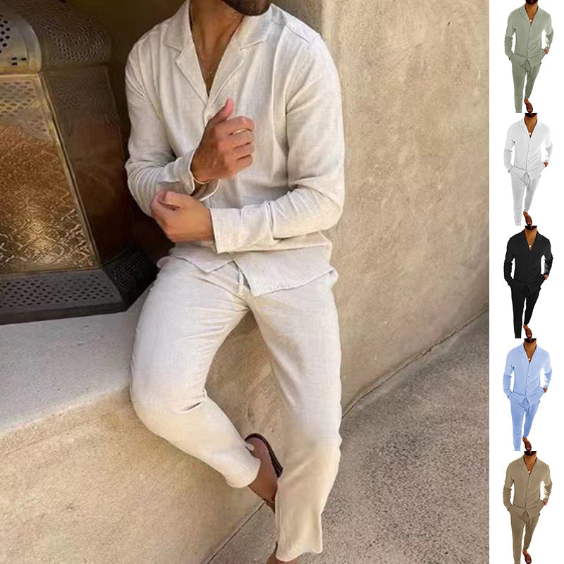Beige cotton long sleeve lapel shirt and slim fit pants set for men by My Store, perfect for autumn business casual wear.