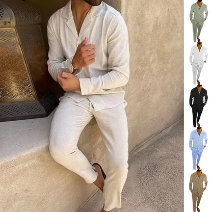 Beige cotton long sleeve lapel shirt and slim fit pants set for men by My Store, perfect for autumn business casual wear.