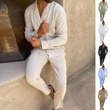 Beige cotton long sleeve lapel shirt and slim fit pants set for men by My Store, perfect for autumn business casual wear.