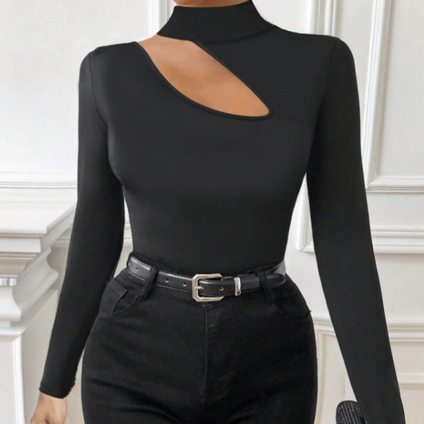 Black slim fit long sleeve turtleneck top with cutout design by Alabaster
