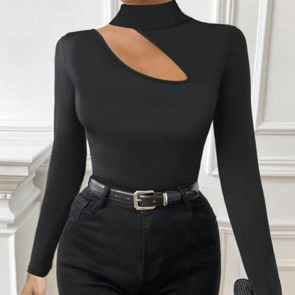 Black slim fit long sleeve turtleneck top with cutout design by Alabaster