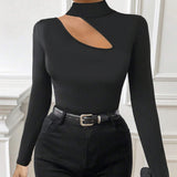 Black slim fit long sleeve turtleneck top with cutout design by Alabaster