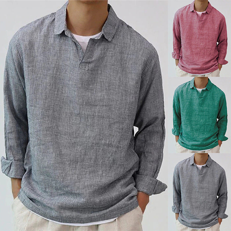 Rose red long sleeve lapel pullover shirt in breathable cotton blend by My Store