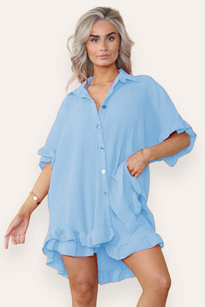 Women’s Ruffle Co-Ord Set – Oversized Button Shirt & Shorts