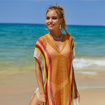 Rainbow Stripe Cotton Bikini Cover Up - Beach Mesh Knit Tunic