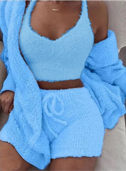 Ultra-Soft Velvet Pajama Set - 3-Piece Cropped Tank Shorts Cardigan
