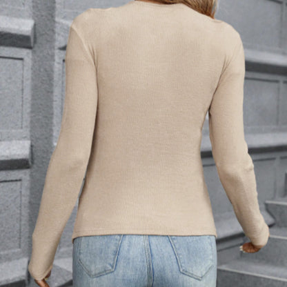 Khaki polyester stretch long sleeve top with cross neck cutout, slim fit by Alabaster