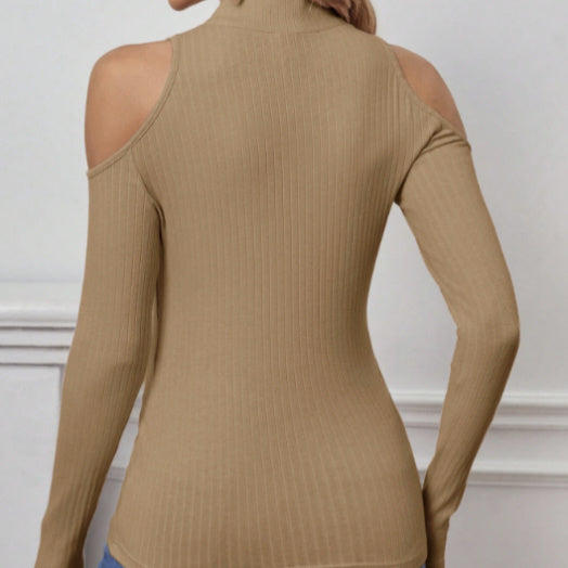 Brown polyester cold shoulder zip collar top in slim fit, perfect for casual autumn fashion by Alabaster.