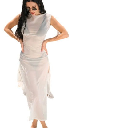 Sheer Beach Cover-Up - White Drawstring Poolside Tunic