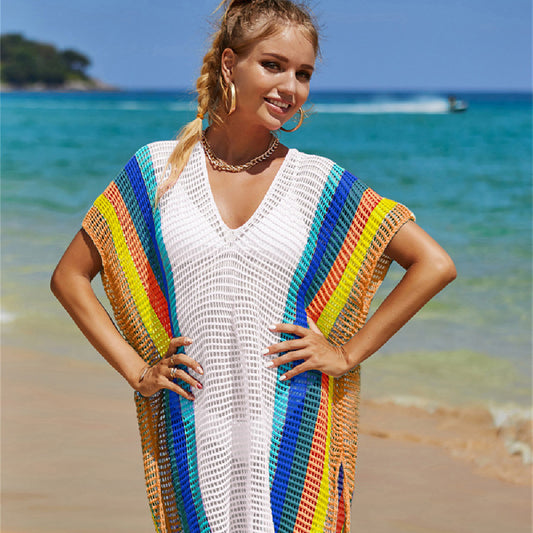 Rainbow Stripe Cotton Bikini Cover Up - Beach Mesh Knit Tunic