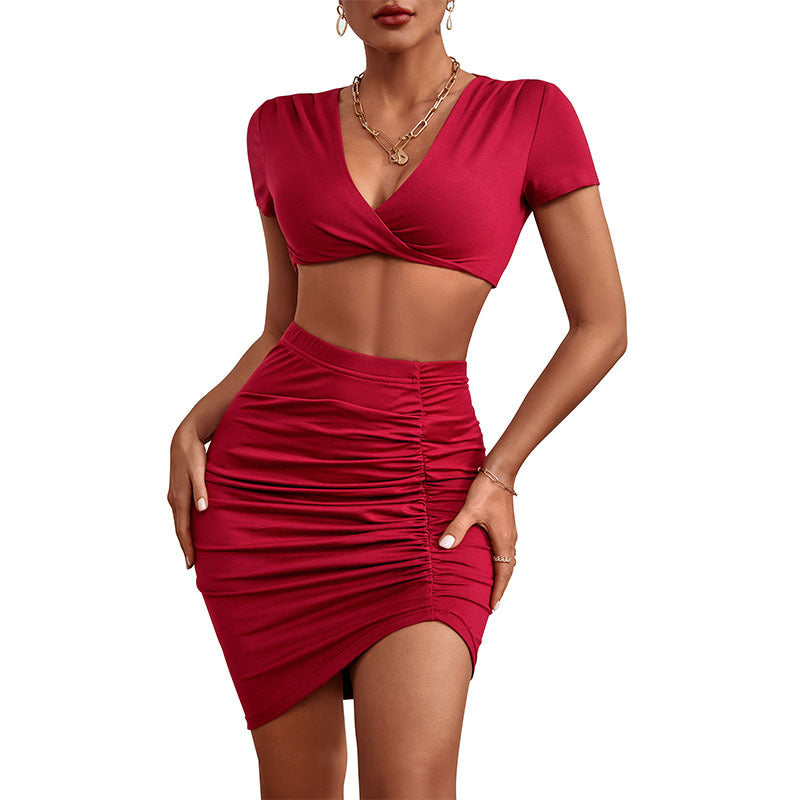 Wine Red Ruched 2-Piece Skirt Set