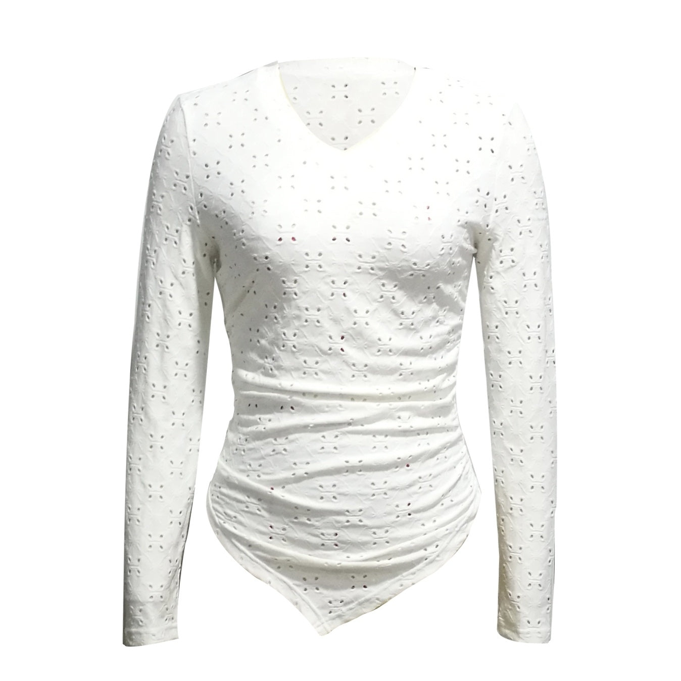 White polyester long sleeve top with eyelet cutouts and V-neck by Alabaster