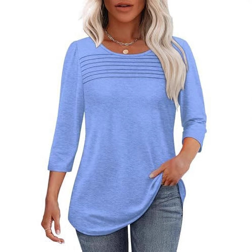 Sky blue soft pleated 3/4 sleeve top, round neck, polyester blend by Alabaster