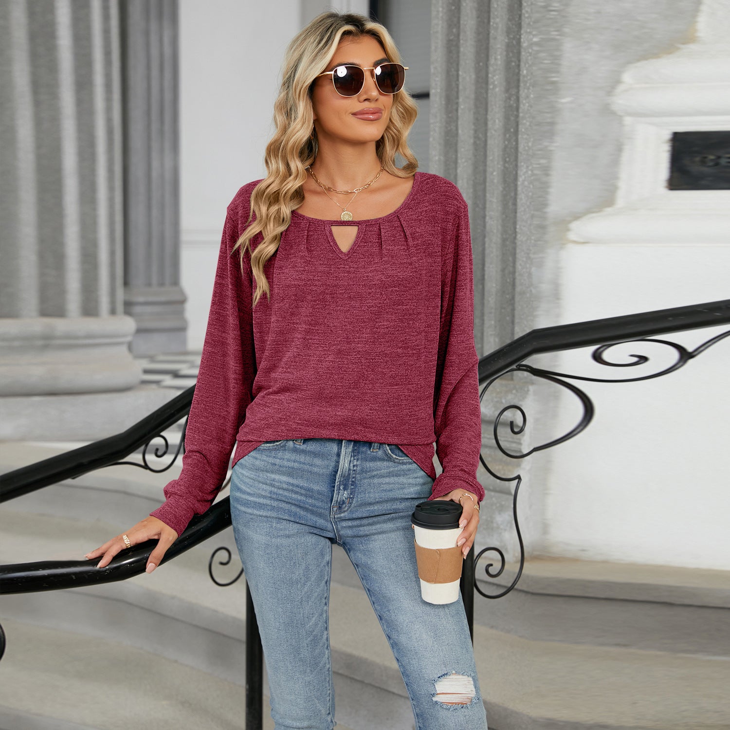 Green cotton cashmere pullover with soft keyhole neckline and long sleeves by Alabaster