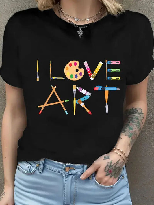 Black graphic t-shirt featuring 'I Love Art' design, perfect for art lovers, by Alabaster, available in sizes S, M, L.