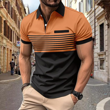 Men's Striped Polo Shirt with Chest Pocket - Cotton Blend