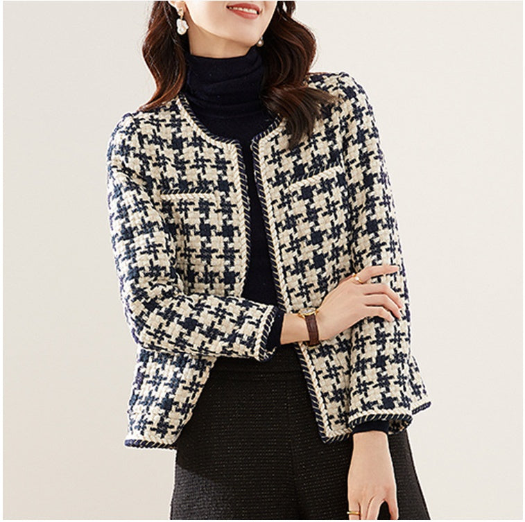 Navy houndstooth tweed blazer jacket with round neck and open front by Alabaster