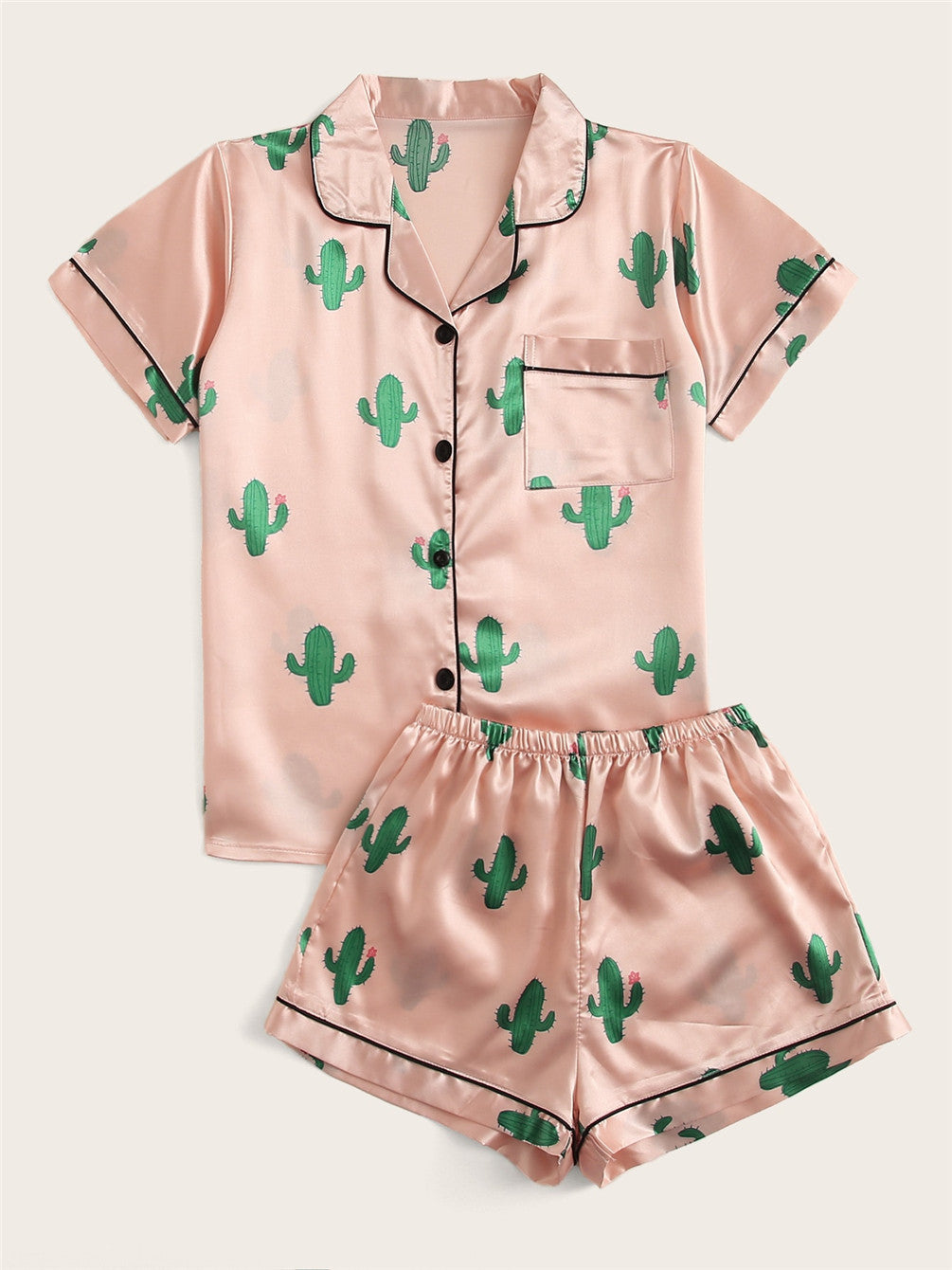 Satin Print Pajama Shorts Set - Button-Up Short Sleeve Sleepwear