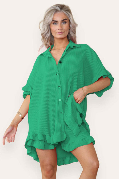 Women’s Ruffle Co-Ord Set – Oversized Button Shirt & Shorts