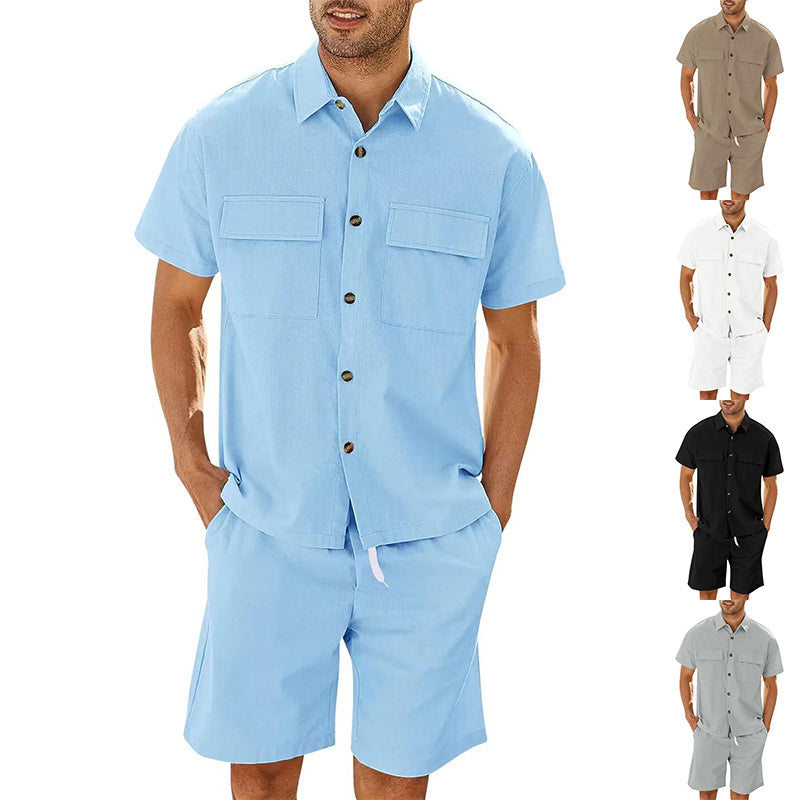 Summer Two-Piece Suit for Men – Short Sleeve Shirt & Drawstring Shorts