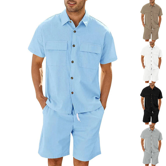 Summer Two-Piece Suit for Men – Short Sleeve Shirt & Drawstring Shorts