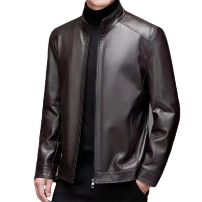 Men's black genuine horse leather stand collar jacket by My Store, featuring a sleek design and extra lining.