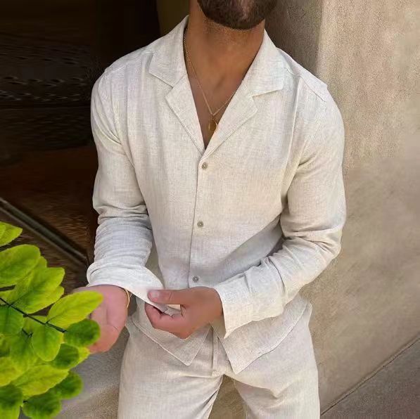 Beige cotton long sleeve lapel shirt with slim fit pants set for men by My Store
