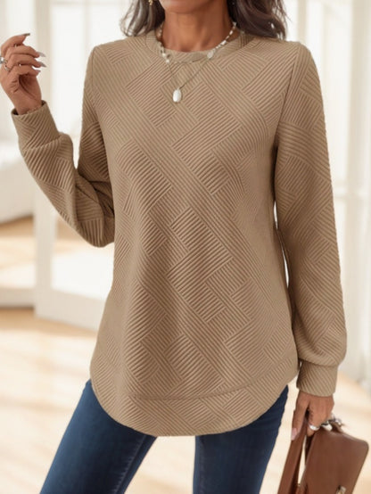 Khaki waffle-textured sweatshirt with asymmetrical hem by Alabaster, casual and comfortable style